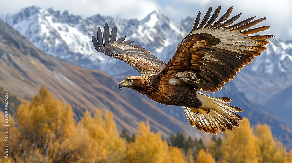 Golden Eagle in Flight: A majestic golden eagle soars effortlessly through the crisp mountain air, its wings spread wide against a backdrop of snow-capped peaks and vibrant fall foliage.