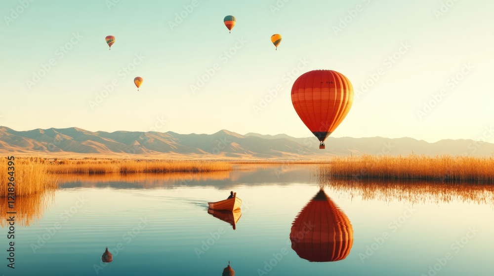 Fototapeta premium Serene Early Morning Scene of Colorful Hot Air Balloons Floating Above a Tranquil Lake with Soft Reflection on the Water During Sunrise