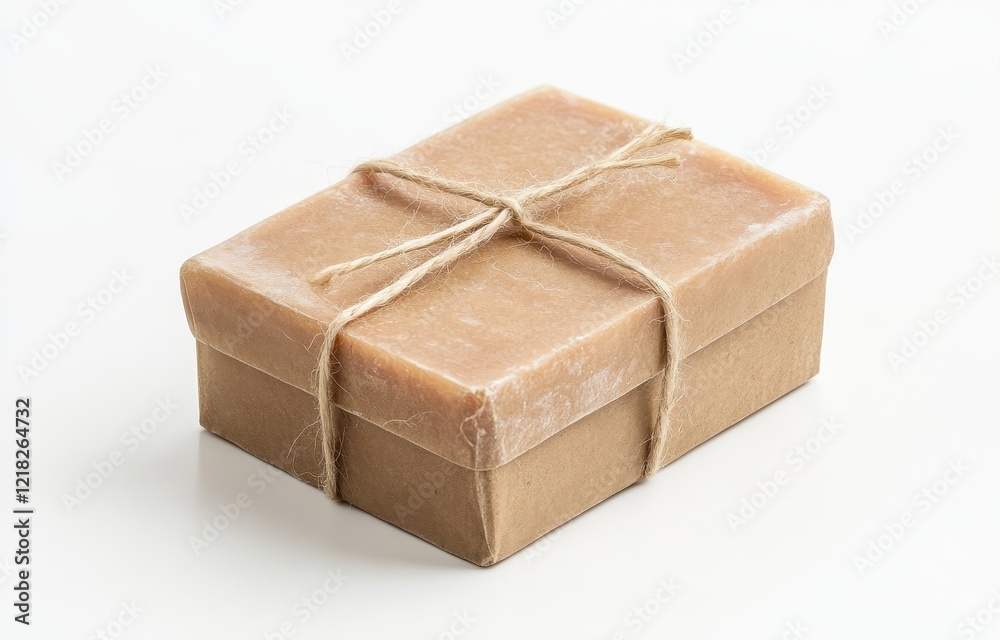 A bar of handmade soap, light beige, in a brown paper box tied with twine, isolated on white background. A bar of handmade soap, light beige, in a brown paper box tied with twine, isolated on white background.