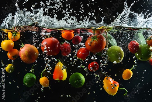 Fototapeta Naklejka Na Ścianę i Meble -  Fresh fruits and vegetables falling into water with splash on black background
