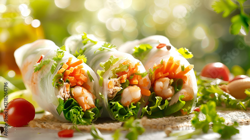 Fresh Vietnamese Salad Rolls With Shrimps Chicken And Veggies

 photo