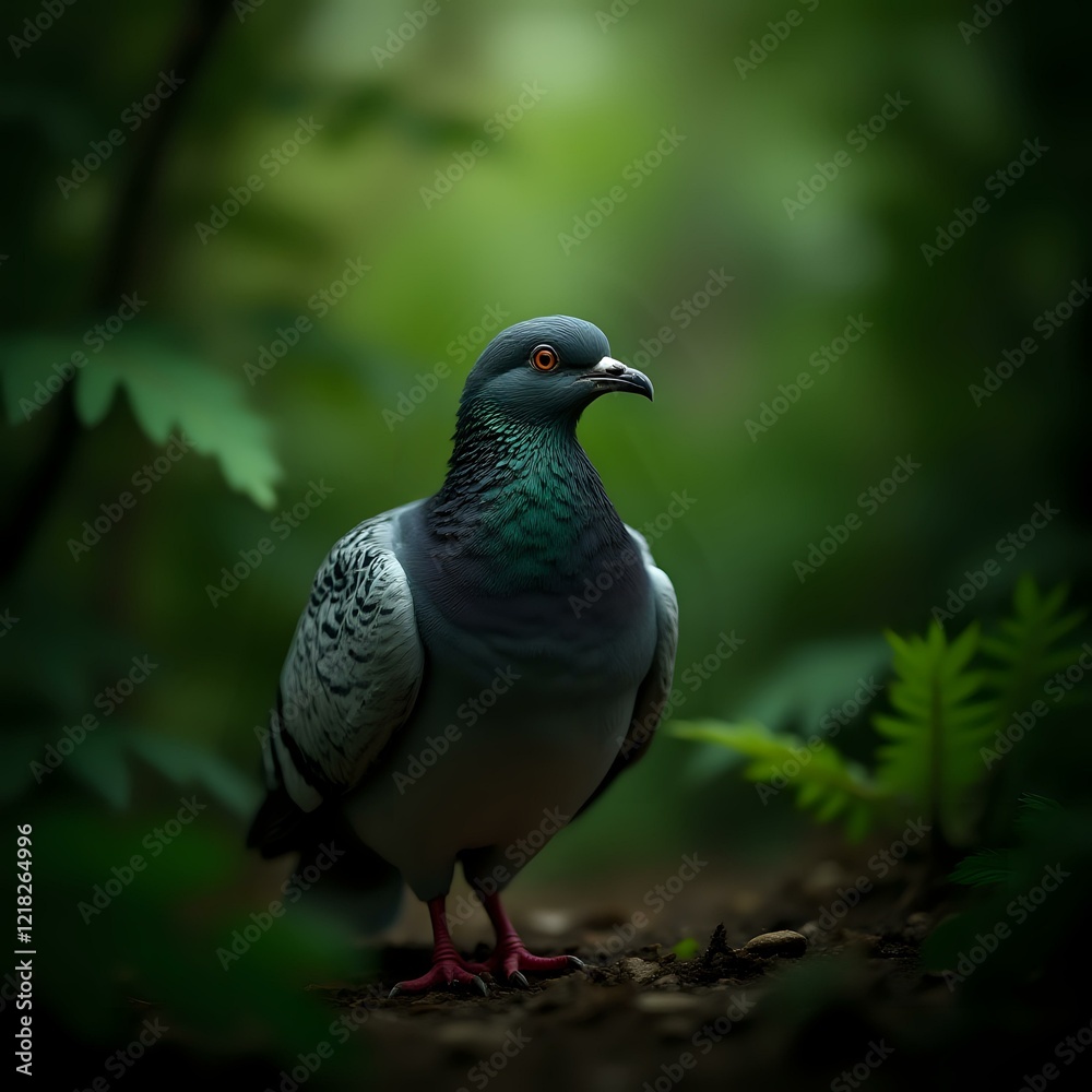 A close-up photograph of a green and black pigeon standing on a forest floor, with blurred greenery in the background. A close-up photograph of a green and black pigeon standing on a forest floor, with blurred greenery in the background.