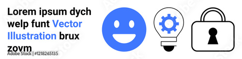 Blue happy face, gear inside lightbulb, secure lock. Ideal for creative thinking, security, innovation, technology, user experience information safety digital solutions. Landing page