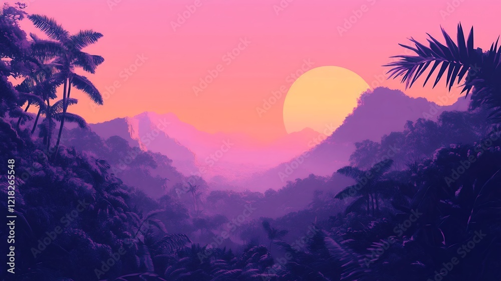 Obraz premium Tropical Sunset Landscape Purple Mountains Palm Trees