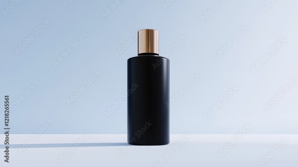 Elegant Black Bottle with Gold Cap Isolated on Light Blue Background Perfect for Luxury Branding and Product Showcase in Premium Beauty or Fragrance Industry