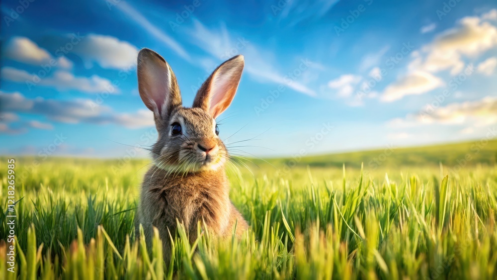Fototapeta premium Little rabbit sitting in a field of wheat with green grass and blue sky, rabbit, outdoor, rabbit, outdoor, agriculture, crop