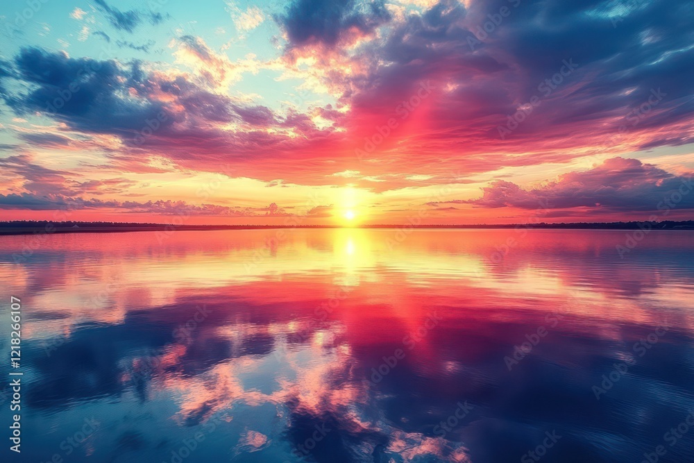 Fototapeta premium Radiant sunset over a calm, reflective lake, with the vibrant colors of the sky mirrored perfectly in the still water