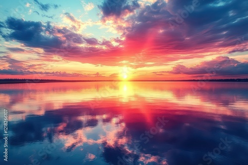 Radiant sunset over a calm, reflective lake, with the vibrant colors of the sky mirrored perfectly in the still water