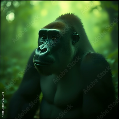 The image is a close-up of a gorilla's face with a blurred forest background, giving the impression of a digital art depiction. photo