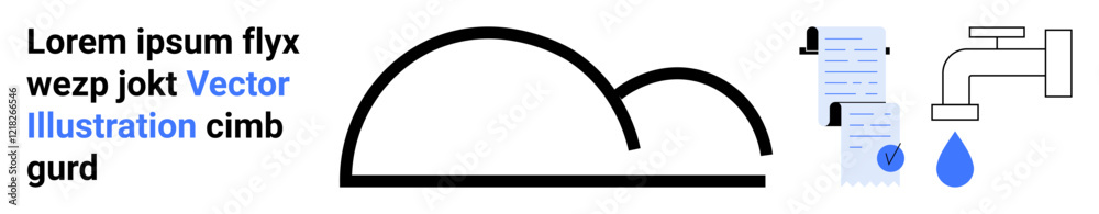 Abstract black curve, blue text, and a faucet with droplet and document. Ideal for modern website designs, educational materials, environmental campaigns, corporate branding, instructional guides Abstract black curve, blue text, and a faucet with droplet and document. Ideal for modern website designs, educational materials, environmental campaigns, corporate branding, instructional guides