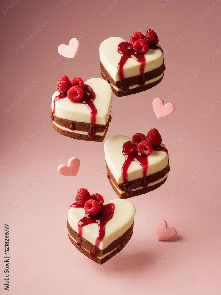 Valentine's Day, White Chocolate Raspberry Theme: A vibrant scene of heart-shaped gateau chocolat covered in creamy white chocolate, suspended in mid-air against a seamless blush pink background Valentine's Day, White Chocolate Raspberry Theme: A vibrant scene of heart-shaped gateau chocolat covered in creamy white chocolate, suspended in mid-air against a seamless blush pink background
