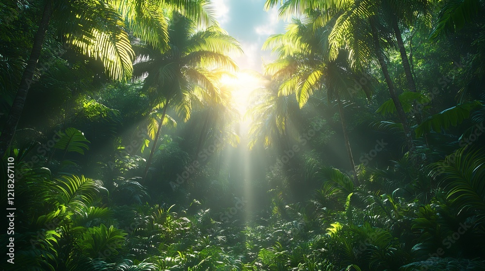 Obraz premium Sunbeams illuminate lush tropical jungle path.