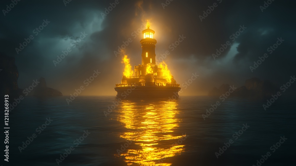 Obraz premium Burning Lighthouse on a Dark Stormy Sea at Night