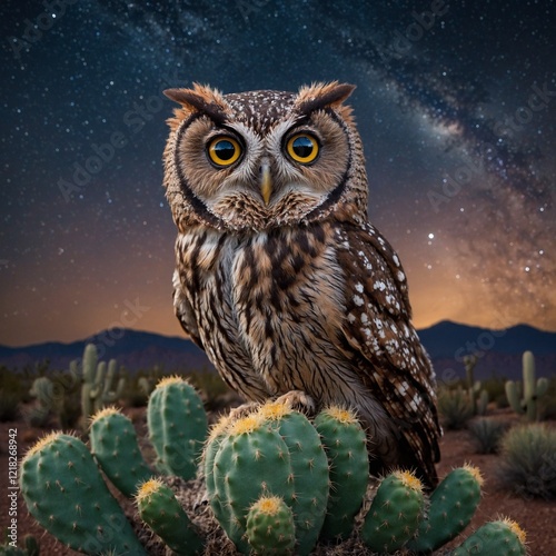 An elf owl perched on a blooming cactus under a starry desert sky. photo