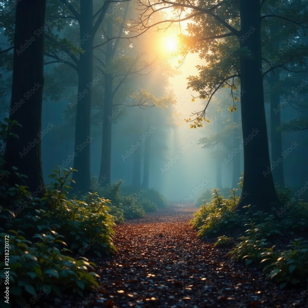 Glittering silver light illuminates a misty forest at dawn, light, shine, glitter Glittering silver light illuminates a misty forest at dawn, light, shine, glitter