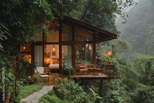 An eco-lodge nestled in a lush, tranquil forest offers sustainable accommodations. The lodge is built using natural materials, equipped with solar panels and a rainwater harvesting system. Guests enjo photo