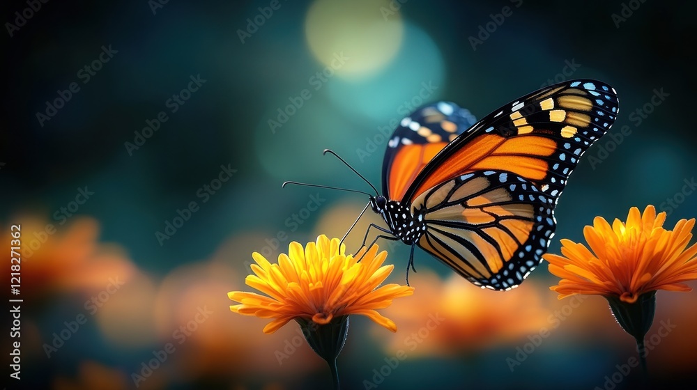 Fototapeta premium Monarch butterfly on vibrant orange flowers in a soft-focus garden setting.