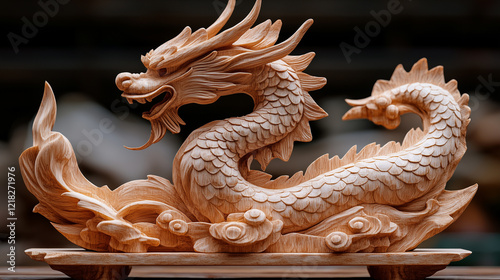 Graceful wooden dragon figure carved with flowing lines, symbolizing power and elegance in Asian art photo