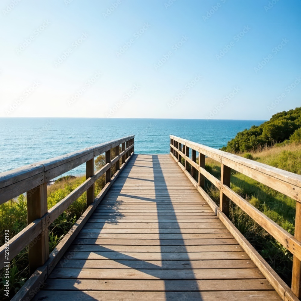 Elevated wooden walkway, panoramic North Sea view, seaside, summer, dunes Elevated wooden walkway, panoramic North Sea view, seaside, summer, dunes