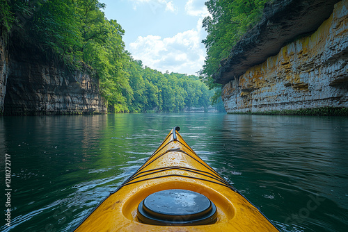 A solo adventurer enjoying a peaceful kayaking experience in a serene river, surrounded by nature's untouched beauty. The image captures the calmness of the water and the grandeur of the surrounding w photo