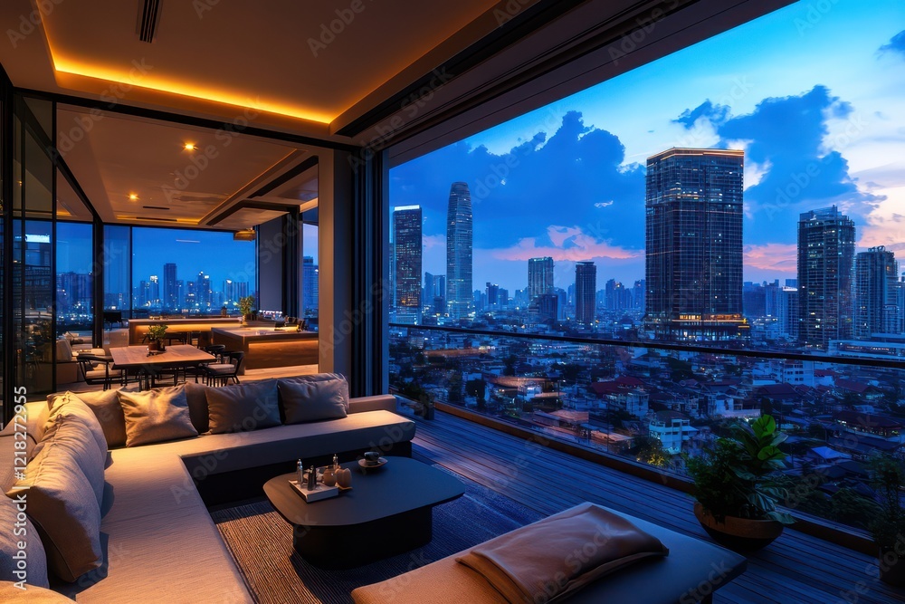Rooftop lounge with a stunning city view, furnished with modern seating and decor. Rooftop lounge with a stunning city view, furnished with modern seating and decor.
