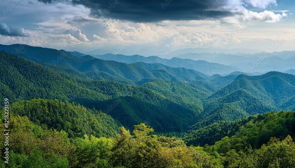 Amazing wild nature view of layer of mountain forest landscape with cloudy sky. Generated image Amazing wild nature view of layer of mountain forest landscape with cloudy sky. Generated image