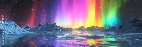 A celestial display of multicolored auroras glowing above ice-covered reflective water bodies