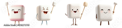 Cute marshmallow characters holding sticks with cheerful expressions