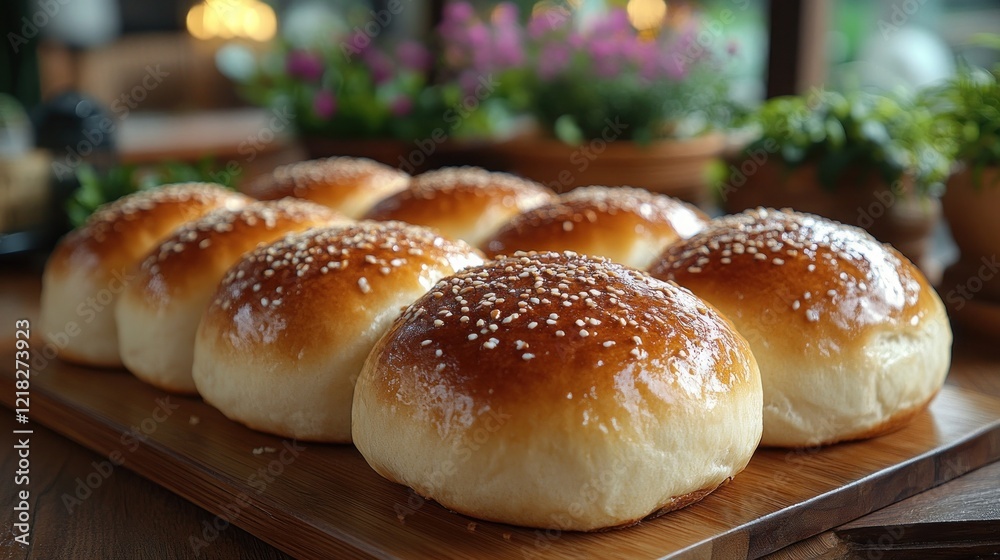 Golden sesame seed buns on wooden board. Golden sesame seed buns on wooden board.