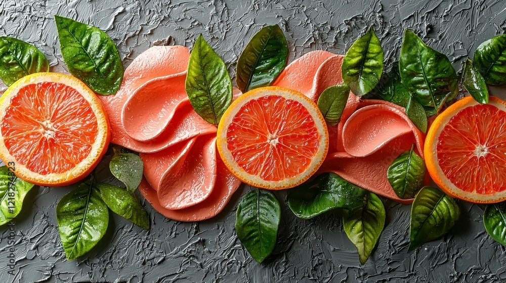 Pink citrus dessert with leaves, grey background. Food blog, recipe website Pink citrus dessert with leaves, grey background. Food blog, recipe website