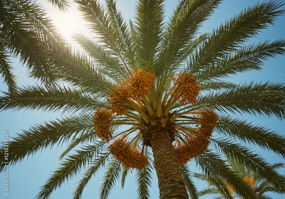 A close-up view of a date palm tree, emphasizing the texture of its trunk and the vibrant colors of its fruit A close-up view of a date palm tree, emphasizing the texture of its trunk and the vibrant colors of its fruit