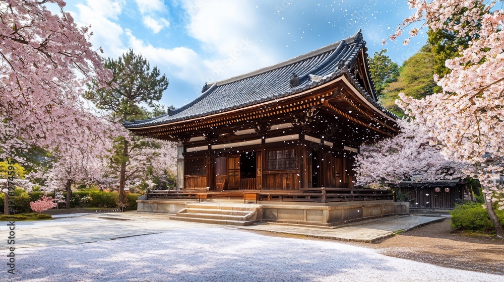Serene Japanese Temple Amidst Blooming Cherry Blossoms: A Springtime Sanctuary Serene Japanese Temple Amidst Blooming Cherry Blossoms: A Springtime Sanctuary