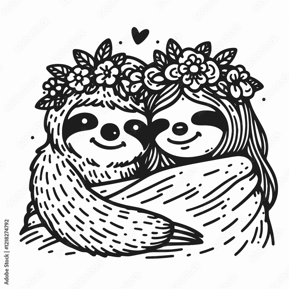 Fototapeta premium A cute illustration of a sloth and a girl, both adorned with flower crowns, sharing a loving embrace with hearts above them.
