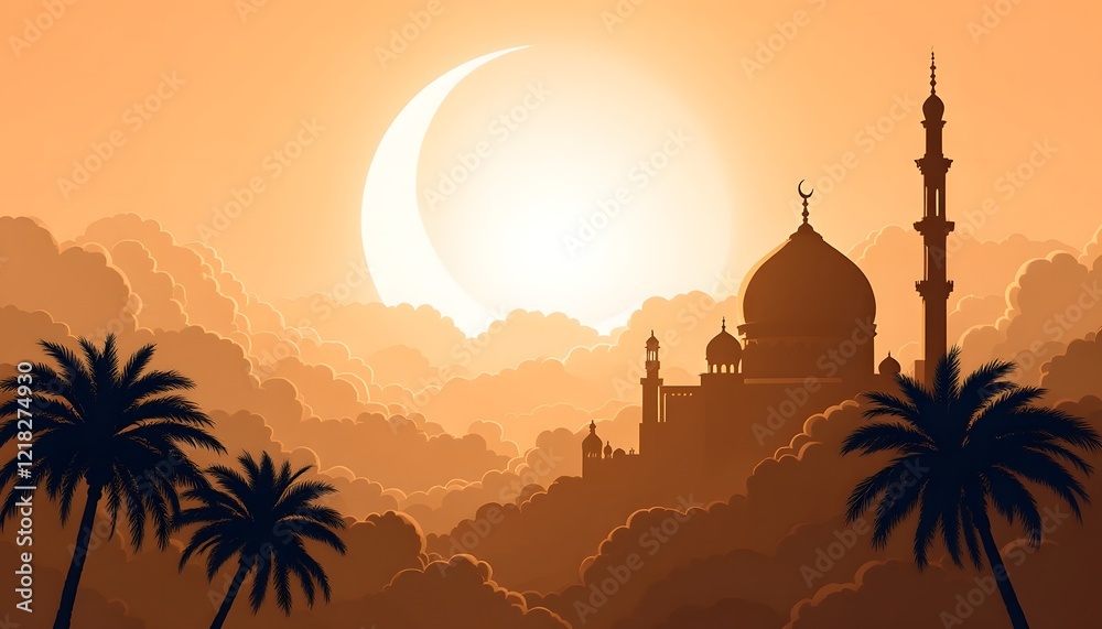 Obraz premium Majestic Mosque Sunset Silhouette Above Cloudscape