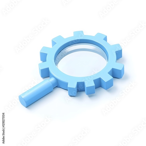 A light blue magnifying glass shaped like a gear is shown against a white background.