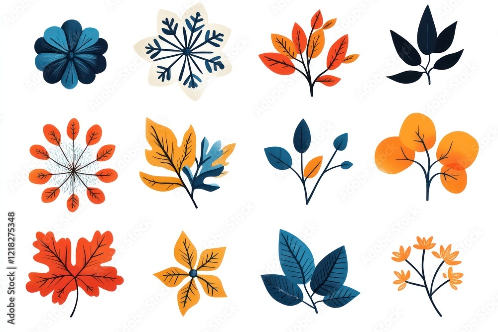 Seasonal icons with a mix of warm and cool color palettes, representing different times of the year through symbols like snowflakes, leaves, and flowers Seasonal icons with a mix of warm and cool color palettes, representing different times of the year through symbols like snowflakes, leaves, and flowers