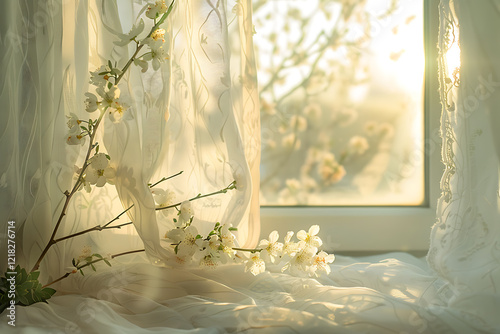 spring morning serenity, gentle breeze, golden sunlight, and the soft hum of life awakening in early spring photo