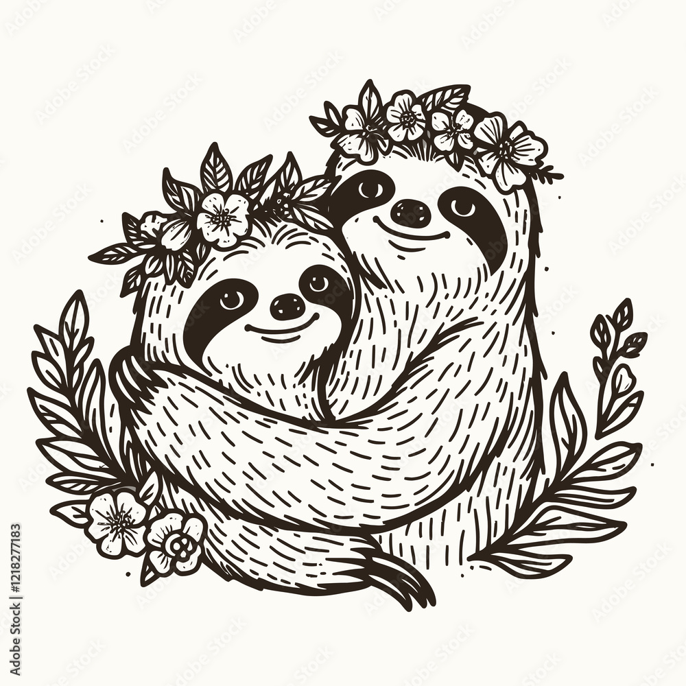 Fototapeta premium Two sloths embrace, adorned with floral crowns, surrounded by leaves, conveying a sense of love and tranquility.