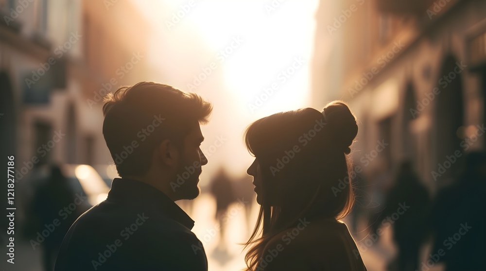 Distant Photograph of a straight couple, silhouetted and distant in a street, bokeh background Distant Photograph of a straight couple, silhouetted and distant in a street, bokeh background