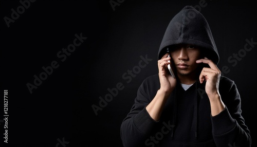 電話をかけている犯罪者。（Criminal making a phone call.）
