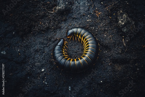 Yellow-Banded Millipede Curled Up on Dark Soil photo