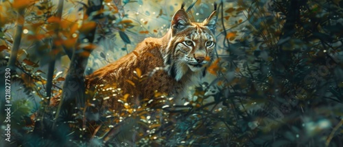 Majestic lynx observing its surroundings in a vibrant forest filled with autumn foliage photo