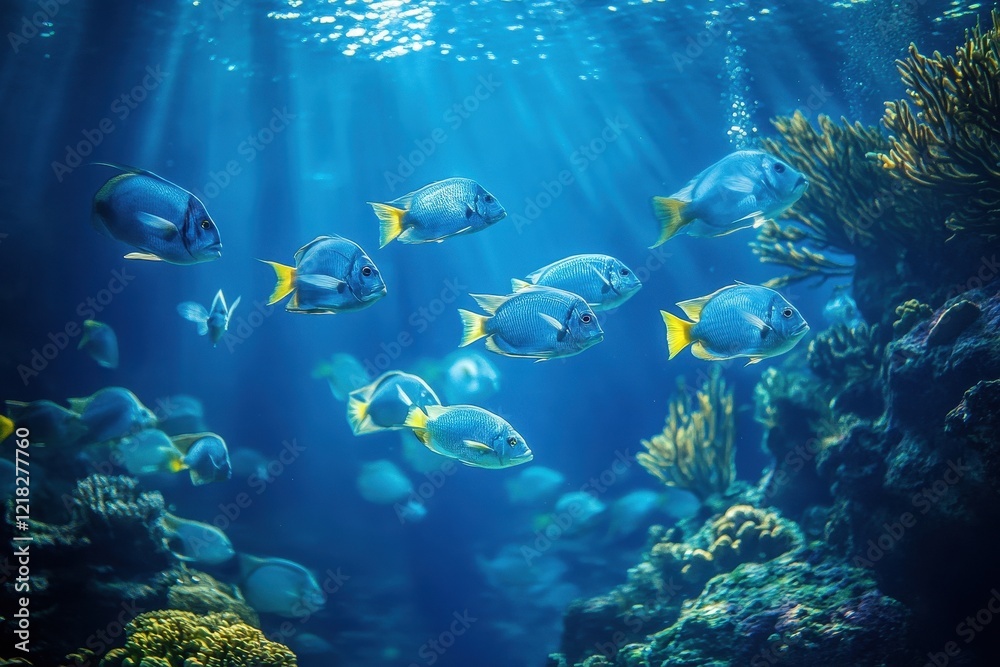 Naklejka premium School of Blue Fish Swimming in Ocean Depths