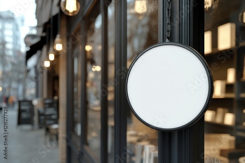 Blank Round Sign Displayed Outside a Cozy Streetfront Cafe photo