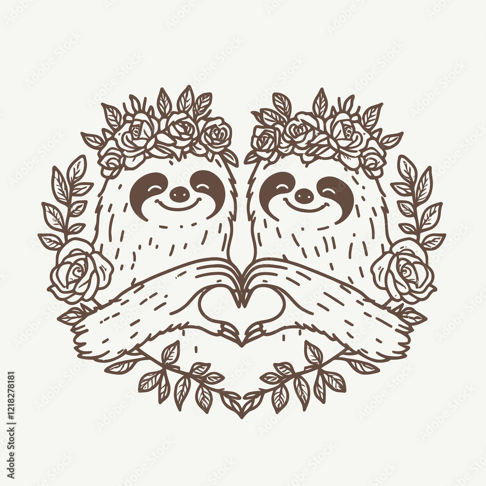 Two cute sloths in a heart shape, adorned with floral crowns, express love through a heart gesture, perfect for a playful design. Two cute sloths in a heart shape, adorned with floral crowns, express love through a heart gesture, perfect for a playful design.