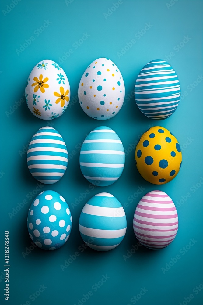 A neatly arranged set of decorated Easter eggs with striped, dotted, and floral patterns on a vibrant turquoise background A neatly arranged set of decorated Easter eggs with striped, dotted, and floral patterns on a vibrant turquoise background