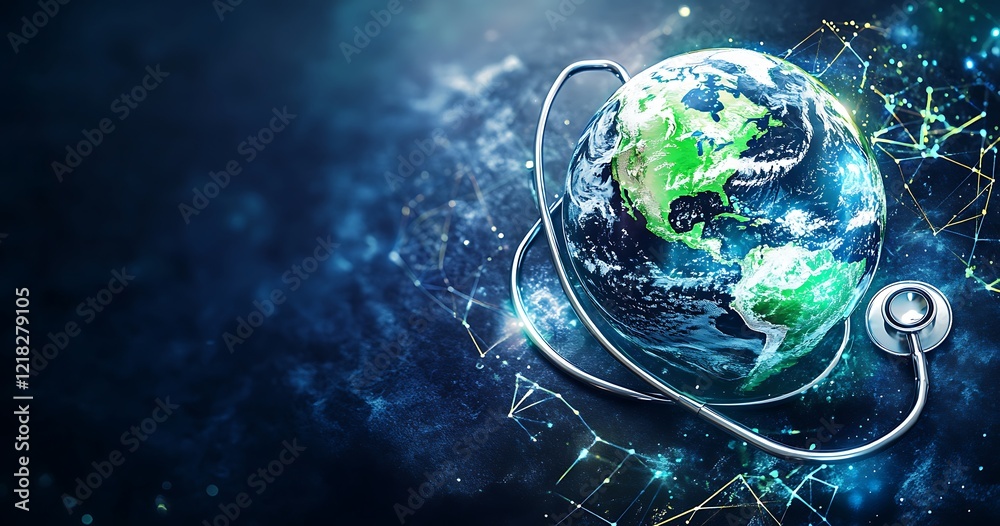 Obraz premium Earth with Stethoscope Global Healthcare and Environmental Care Concept