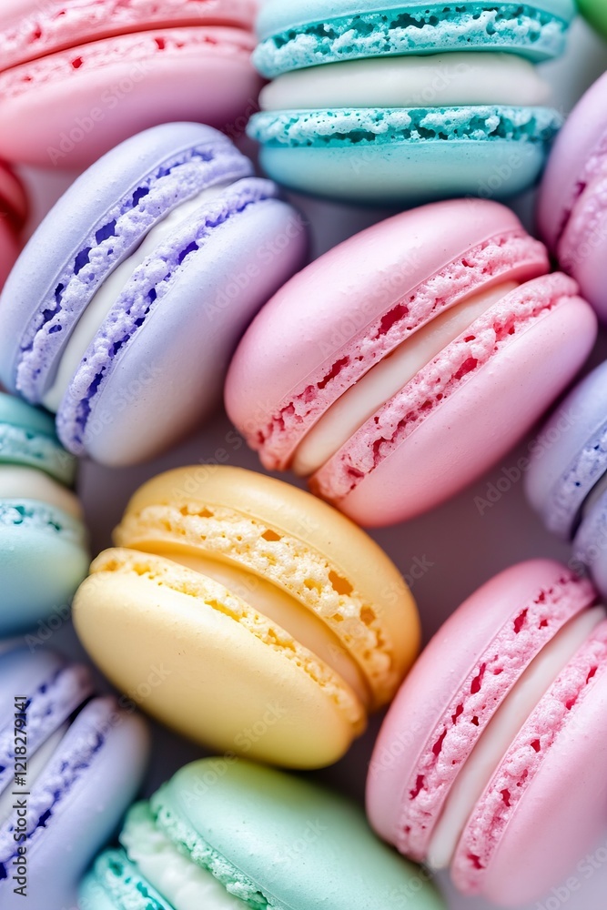 A close-up of pastel-colored macarons arranged in a random pattern, highlighting their delicate texture and sweet indulgence A close-up of pastel-colored macarons arranged in a random pattern, highlighting their delicate texture and sweet indulgence