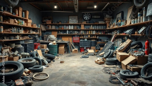 Cluttered Garage Interior: A Chaos of Automotive Parts and Tools