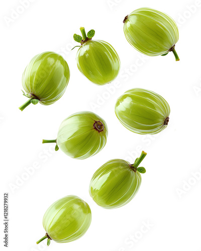 Green gooseberries falling png isolated on transparent background